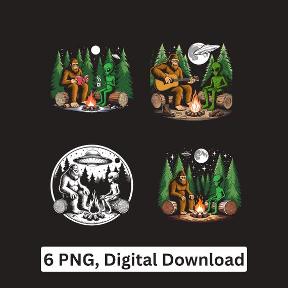 Bigfoot Alien Campfire PNG bundle sasquatch UFO Sublimation Cricut Clipart Printable Digital Download