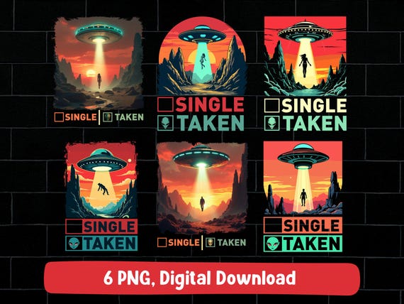 Single taken UFO alien couple PNG bundle, valentine day couples UFO retro vintage design (digital download)