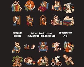 Reading Animals PNG Bundle Woodland Book Lover Clipart Digital Download