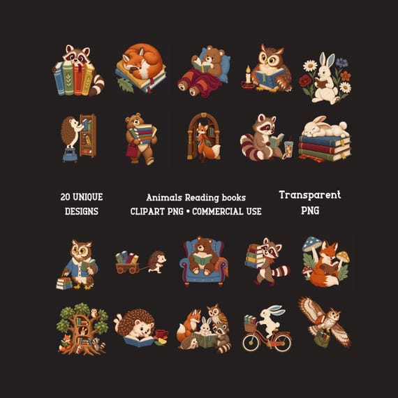 Reading Animals PNG Bundle Woodland Book Lover Clipart Digital Download