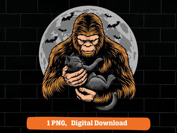 Bigfoot holding cat png, spooky bigfoot holding black cat Halloween png, sasquatch carrying cat ong