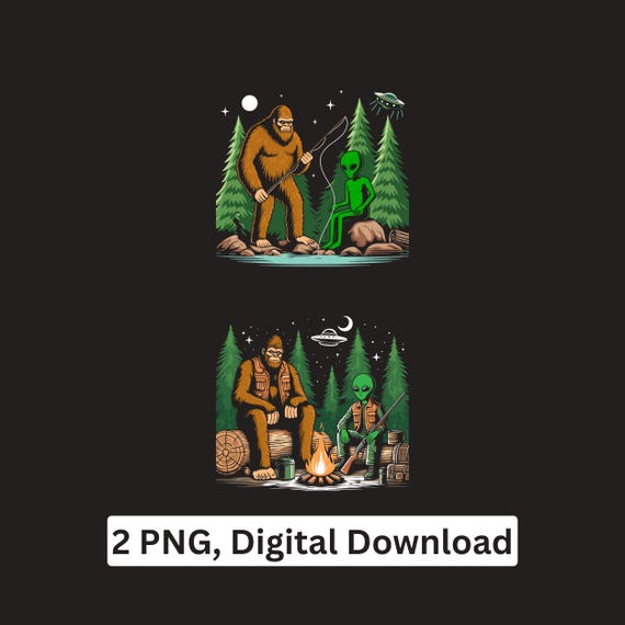 Bigfoot Alien PNG Camping Fishing Forest Sublimation Cricut Printable Digital Download
