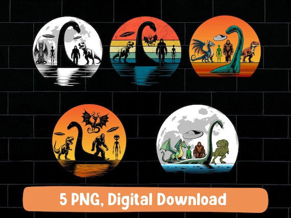 Spooky Retro loch Ness Monster PNG Bundle: Bigfoot, Alien, Dragon (Digital Download)