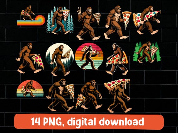 Bigfoot pizza PNG bundle: sasquatch holding pizza design (digital download)
