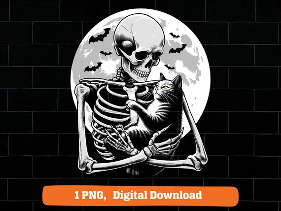 Skeleton holding cat png, spooky skeleton holding black cat Halloween png
