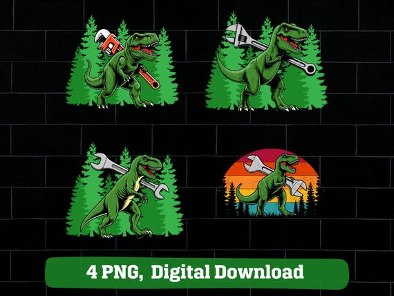 Mechanic dinosaur PNG bundle, T-Rex holding wrench vintage design (digital download)