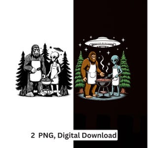 Bigfoot Alien BBQ PNG Divertido Sasquatch Diseño OVNI Sublimación Cricut Imprimible Descarga Digital