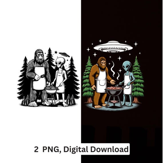 Bigfoot Alien BBQ PNG Funny Sasquatch UFO Design Sublimation Cricut Printable Digital Download