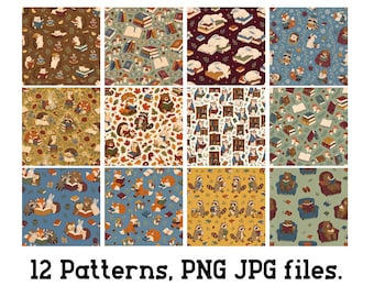 Bookish Woodland Patterns PNG Bundle Cozy Reading Digital Paper Download