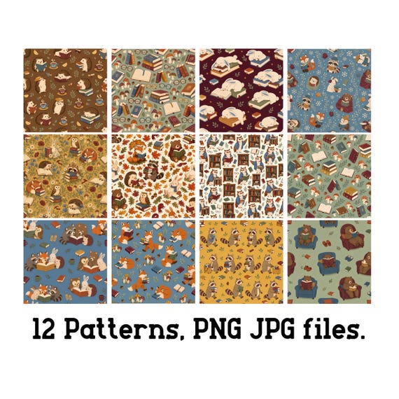 Bookish Woodland Patterns PNG Bundle Cozy Reading Digital Paper Download
