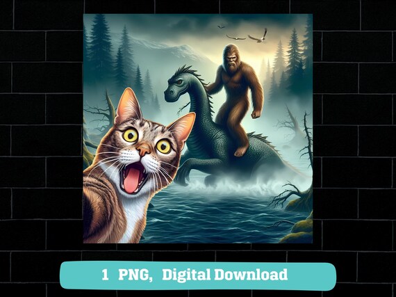 Cat selfie with bigfoot loch Ness png: surprised cat sasquatch Nessie design (digital download)