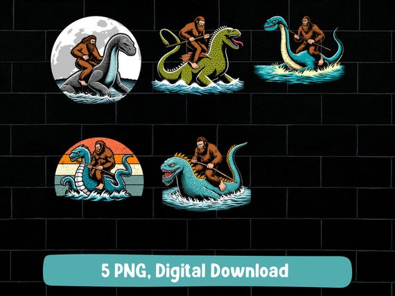 Bigfoot riding loch Ness PNG bundle, sasquatch Nessie monster retro vintage design (digital download)
