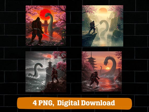 Samurai Bigfoot vs Loch Ness Monster PNG, Cryptid Art (Digital Download)
