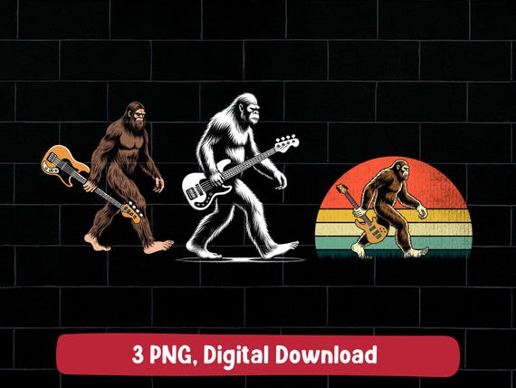 Bass guitarist bigfoot PNG bundle: sasquatch holding bass guitar design (digital download)