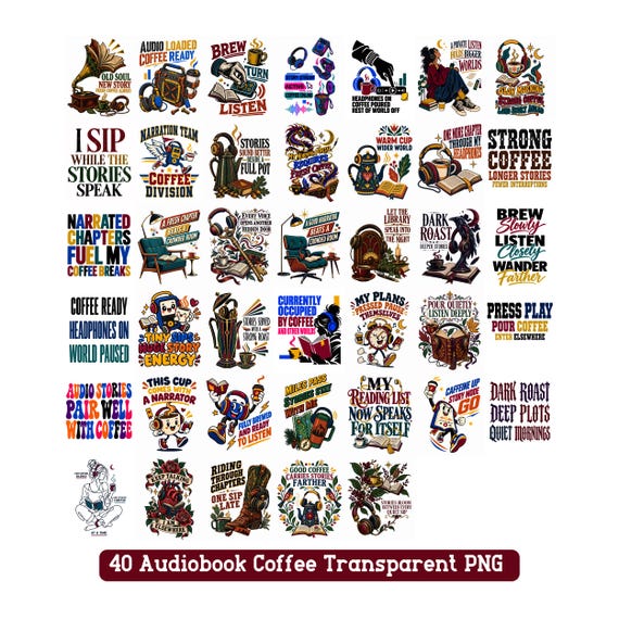 Audiobook Coffee PNG Bundle Audio Books Lover Sublimation Designs