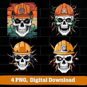 May include: Four digital PNG images featuring a skull wearing an orange construction helmet. The skull has electrical wiring and lightning bolts. The background is a brick wall. The text "4 PNG, Digital Download" is at the bottom.