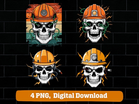 Electrician skull engineer PNG bundle, power lineman skull high voltage electric design (digital download)