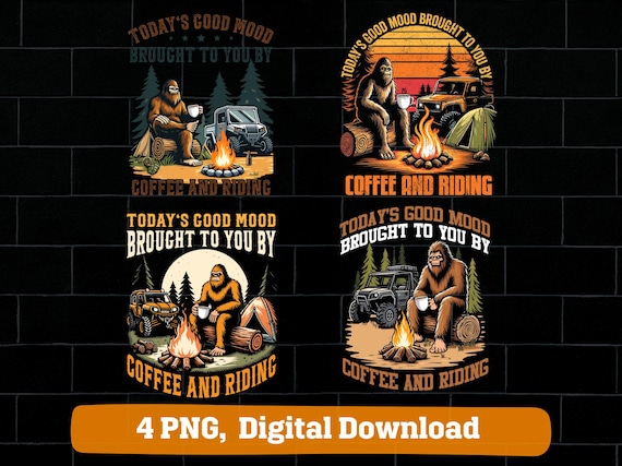 Bigfoot camping UTV PNG bundle, sasquatch riding utv coffee campfire camp retro vintage design (digital download)