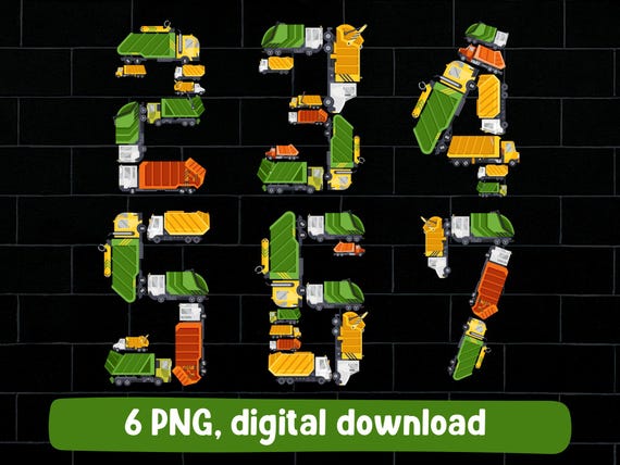 Garbage truck birthday png bundle, garbage truck 2 3 4 5 6 7 years birthday png kids boys garbage truck text bday png