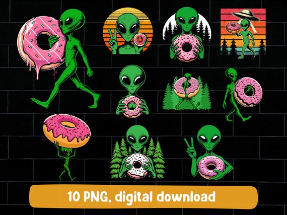 Alien donut PNG bundle: cute alien holding eating donuts design (digital download)
