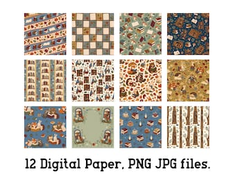 Woodland Library Digital Paper PNG Bundle Bookish Animals Printable Digital Download
