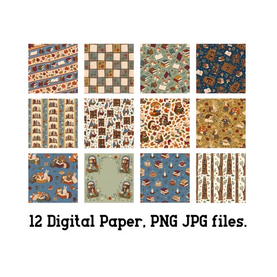 Woodland Library Digital Paper PNG Bundle Bookish Animals Printable Digital Download