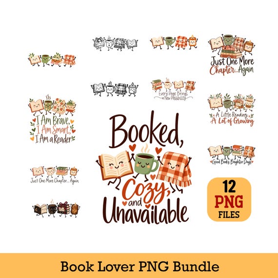 Book Lover PNG Bundle Cozy Reading Doodles Books Coffee candle blanket and Quotes sublimation