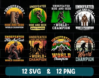 May include: Twelve digital illustrations featuring a cartoon Bigfoot character in various poses. The illustrations feature a retro color palette and include the text "Undefeated Hide and Seek World Champion".