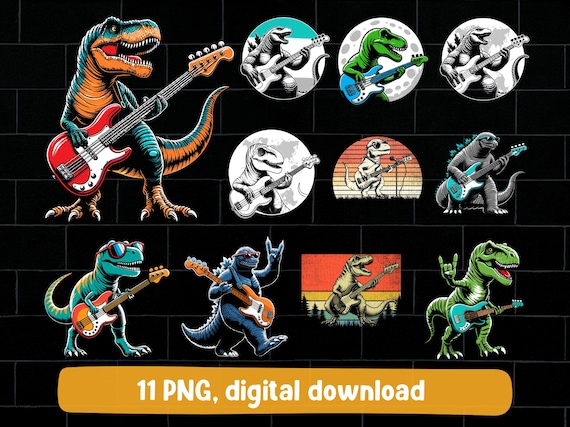 Dinosaur Bass Guitar PNG Bundle: T-Rex Art (Digital Download)