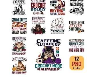 Cat Crochet Coffee PNG Bundle 12 Yarn Lover Digital Designs
