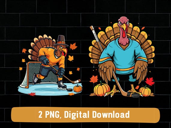 Turkey playing hockey png bundle, turkey hockey png, fall hockey thanksgiving png, hockey turkey png