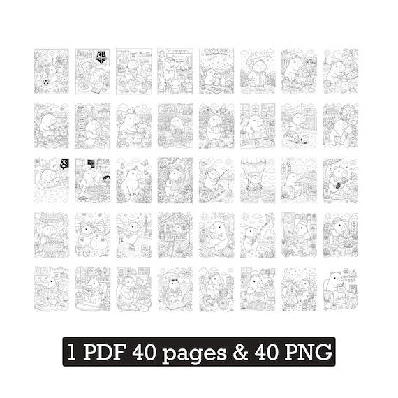 Capybara Coloring Pages PNG Bundle Kids Cricut Printable Digital Download