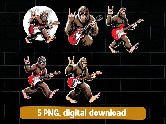 Bigfoot playing electric guitar png bundle, sasquatch electric guitar png, bigfoot rock sign rock guitarist png