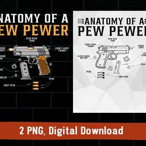 May include: Anatomy of a Pew Pewer digital download. The image features two designs: a detailed diagram of a handgun with labeled parts and a simplified line drawing. The text includes "Magic Light," "Clicky Bang Button," and "Pew Storage."