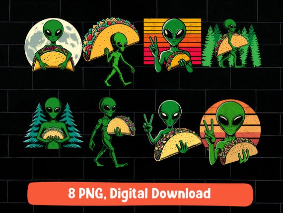 Alien taco PNG bundle: green alien holding tacos design (digital download)