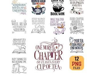 Reading Tea Lover PNG Bundle 12 Bookish minimalist Quotes Digital Download