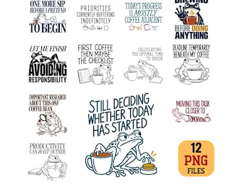 Frog Procrastinating Coffee PNG Bundle minimalist caffeine Humor Digital Download