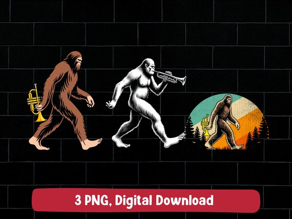 Trumpet bigfoot PNG bundle, sasquatch holding trumpets design (digital download)
