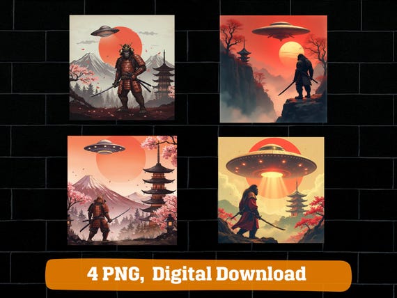 Samurai Bigfoot UFO PNG, Japanese Sci-Fi Warrior Art (Digital Download)