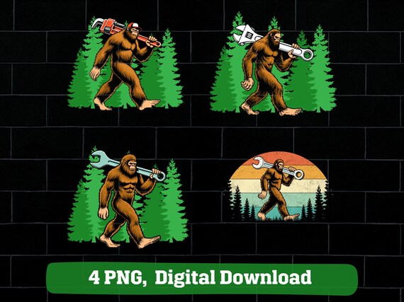 Mechanic bigfoot png bundle, sasquatch holding wrench vintage design (digital download)