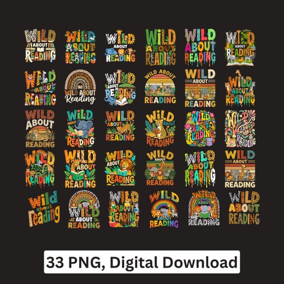 Wild About Reading PNG bundle Safari Book Lover Sublimation Cricut Printable Digital Download