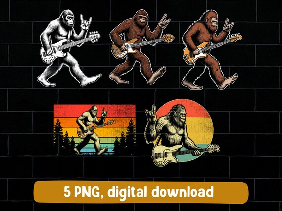 Bigfoot bass guitar png bundle: sasquatch playing bass guitarist rock music design (digital download)