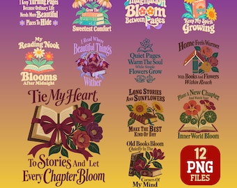 Cottagecore Book Lover PNG Bundle Floral Reading Quotes Sublimation Digital Download