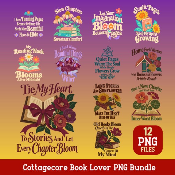Cottagecore Book Lover PNG Bundle Floral Reading Quotes Sublimation Digital Download