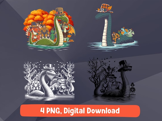 Loch Ness bigfoot alien dragon dinosaur thanksgiving fall png bundle