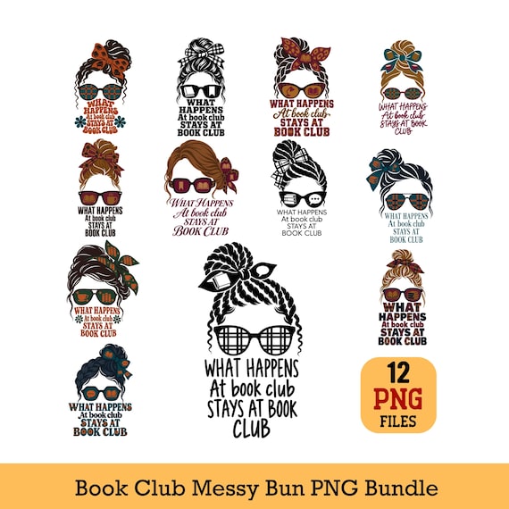 Book Club Messy Bun PNG Bundle 12 Reading Quotes Sublimation Designs