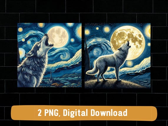 Wolf howling at the moon Van Gogh starry night PNG: digital download