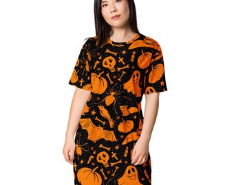 Spooky dress women, skull bat pumpkin orange Halloween dress women, Halloween dress plus size, Halloween dress girls, shirt dress women