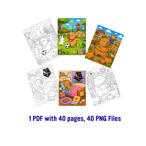 Capybara Coloring Pages PNG Bundle Kids Cricut Printable Digital Download