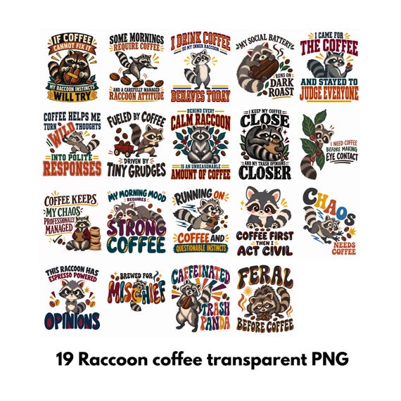 Raccoon Coffee humor PNG Bundle Mug Tumbler Shirt Designs Sublimation Digital Download